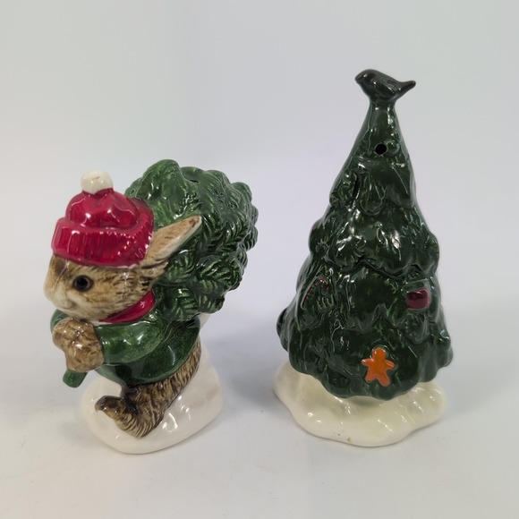 Gibson Greeting Christmas Tree & Bunny Mouse Salt & Pepper Shakers Otagiri Japan - Picture 2 of 12